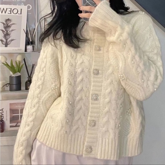 Zara Sweaters New Zara Knitwear Pearl Rhinestone Jewel Button Cable